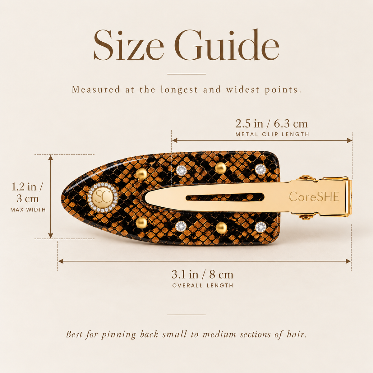 Claw clip size guide for mini claw clip, medium claw clip, and flower claw clip