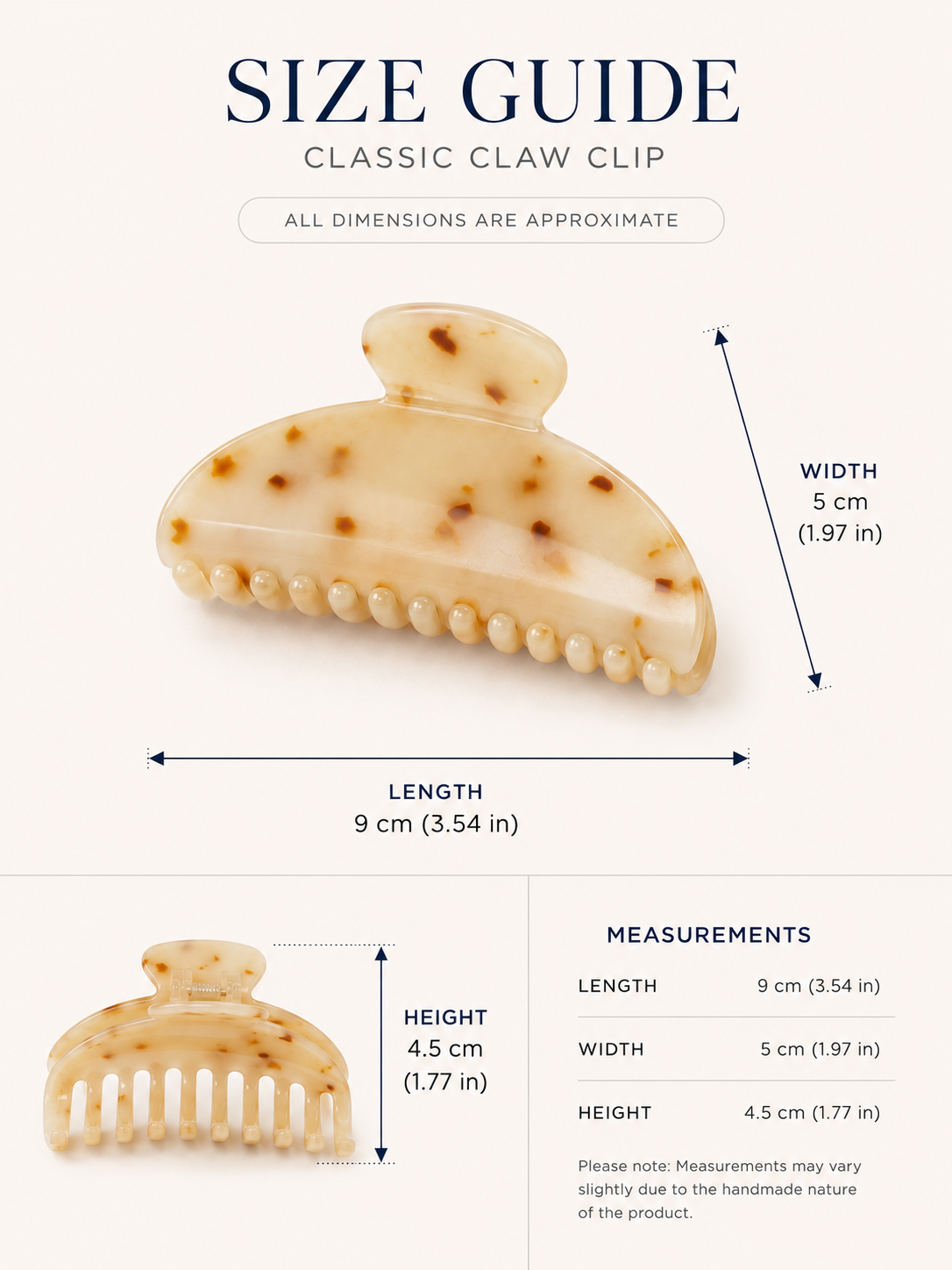 Claw clip size guide for mini claw clip, medium claw clip, and flower claw clip
